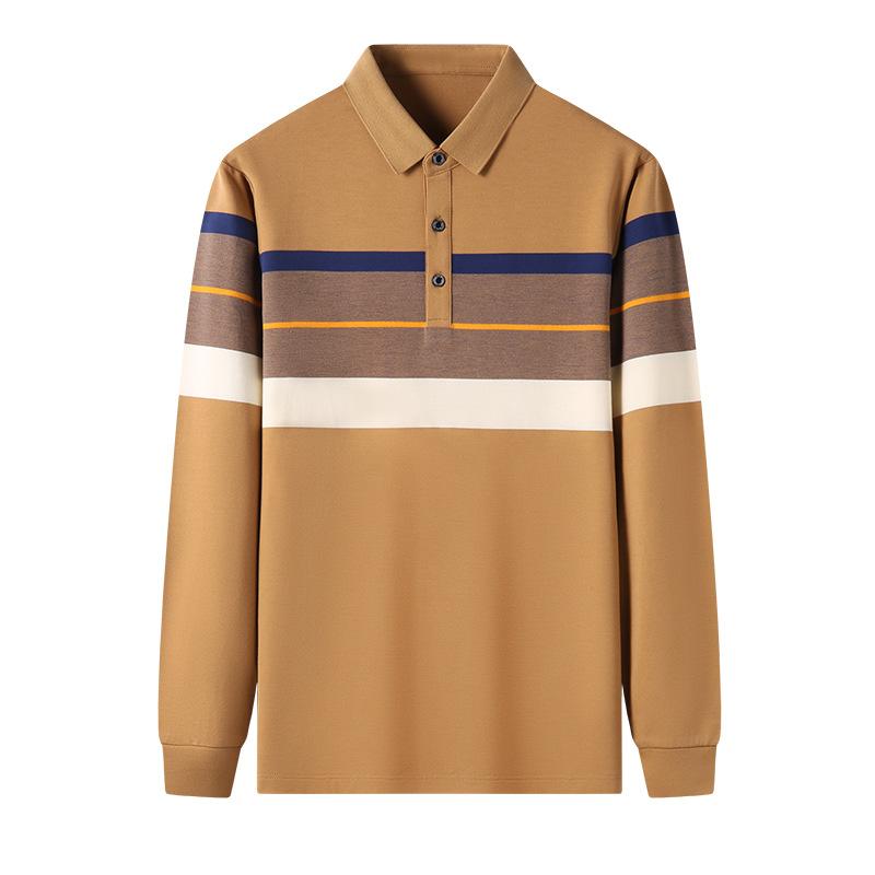 Autumn New Striped Long-staple Cotton Men's Long-sleeved Middle-aged Lapel Polo Shirt Men's Embroidered T-shirt Top