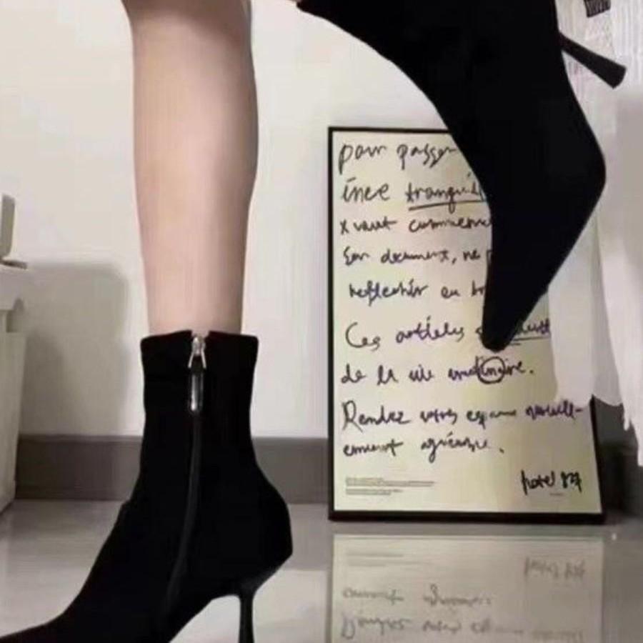High heel thin elastic short boots women's 2025 autumn and winter new socks boots pointed thin heel beige Internet celebrity thin boots