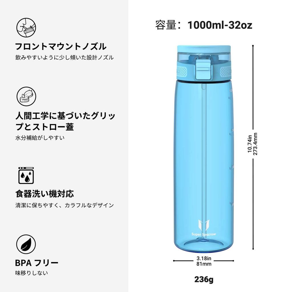 Super Sparrow Water Bottle - 1L - Made with American-made Tritan BPA-Free Straw - Suitable for Sports, School, Baseball, Outdoor Activities, Camping,