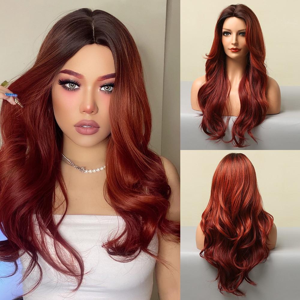 EASIHAIR Long Honey Brown Ombre Highlight Synthetic Wigs for Women Mixed Brown Wavy Natural Wigs Middle Part Cosplay Wigs Heat Resistant