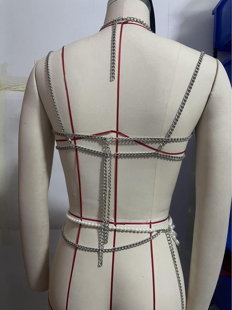 Q5119Y European/American Sexy Metal & Pearl Chain Halter Vest Top with Body & Waist Chain