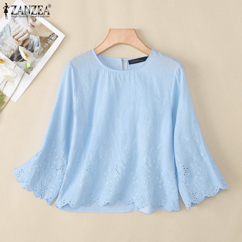 ZANZEA Bluză de damă casual cu broderie, dantelă patchwork, largă, cu gât rotund și mâneci 3/4