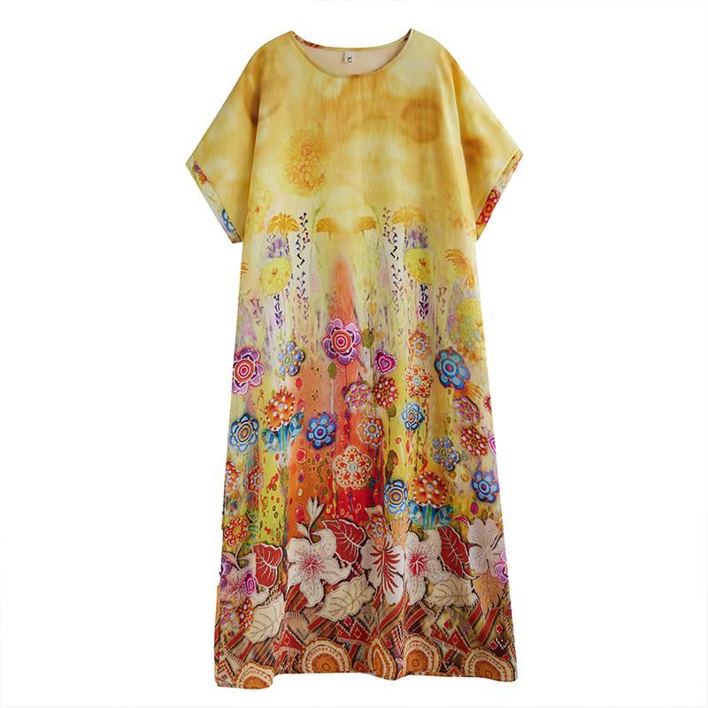 DIMANAF 2025 Summer Women Plus Size Dress Basic Casual Dress Loose Vintage Floral Printing Long Beach Dress