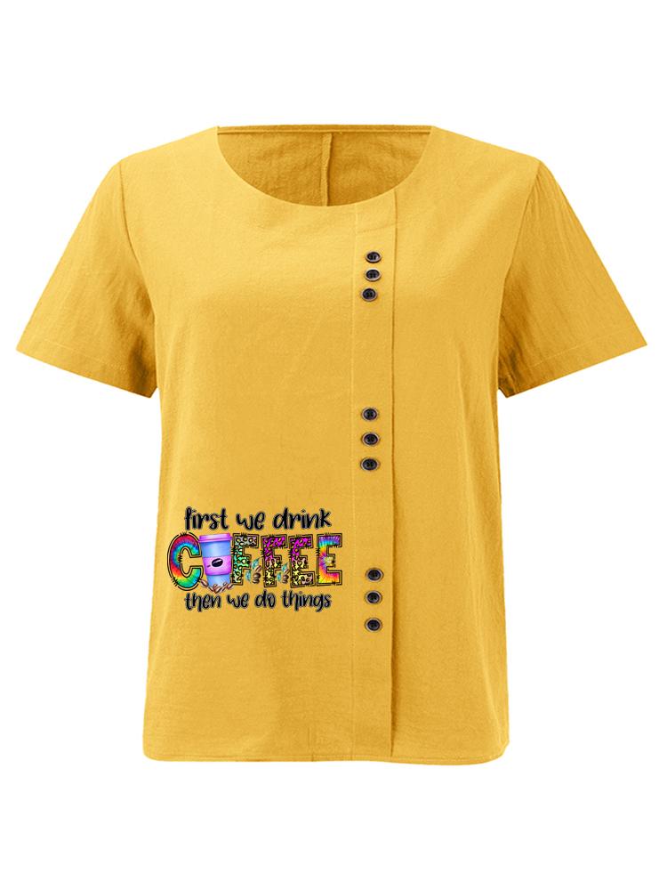 Women's Fashion Coffee Alphabet Print Printing Shot Sleeve T-shirt Loose Cotton Shirt Casual Loose Summer Plus Size Blouse Tops