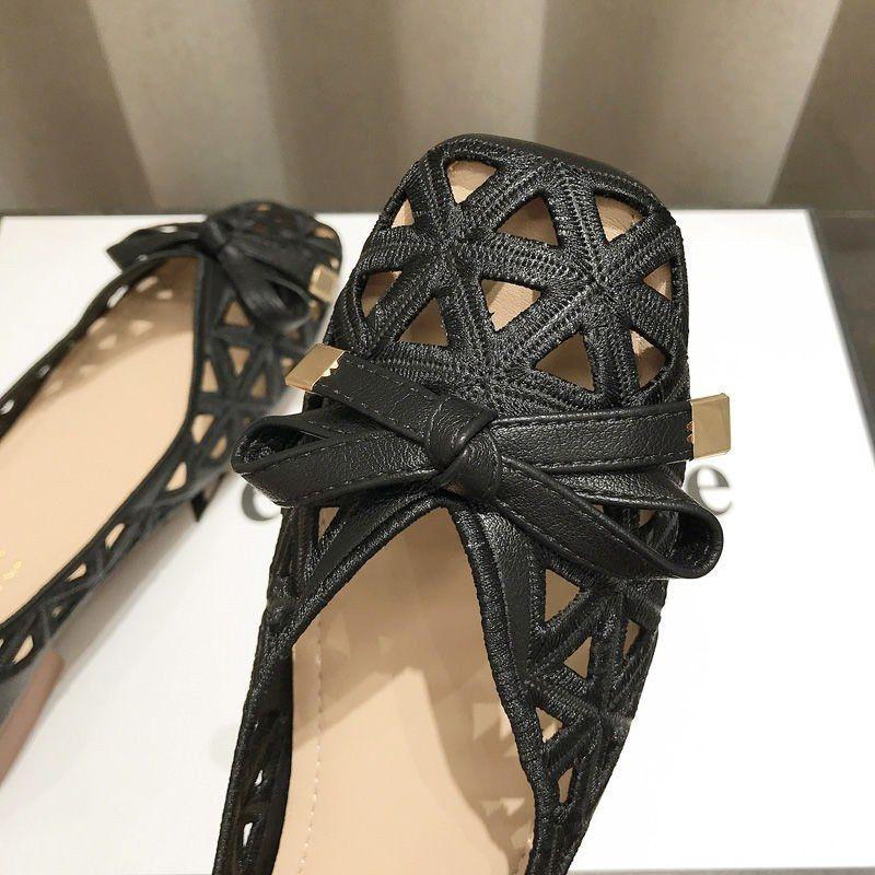 Square Toe Shallow Mouth Flats Woman Bowtie Cut-outs Shoes for 2025 New Summer Slip-on Ballet Flats Women's Emboridery Loafers