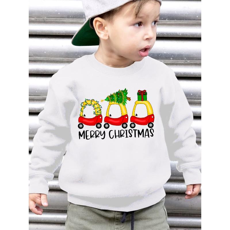 European sizes Kids' Stylish Fleece Sweatshirt for Christmas, Featuring a Loose Fit with Cartoon Prints of Christmas Gifts, Trees, And Cars