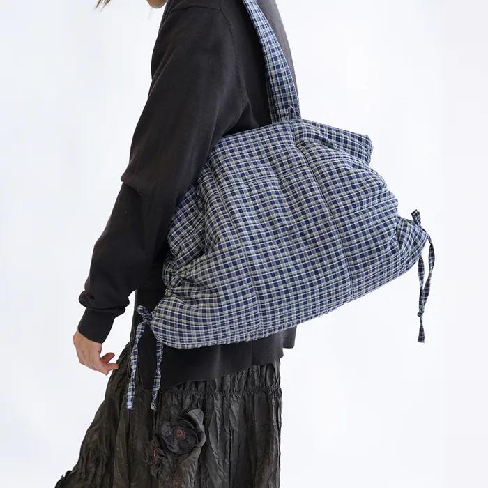 Clam Shirring Shoulder Bag ( Purple Check )