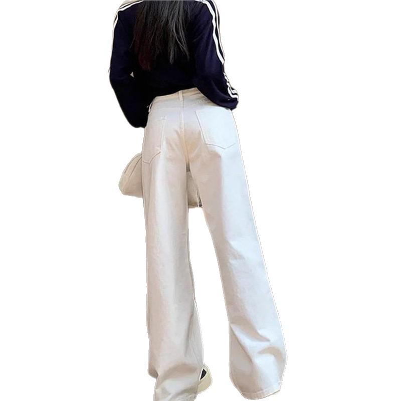 Women's High Waist White Retro Straight-Leg Jeans - Slimming, Versatile, Wide-Leg, Long Pants