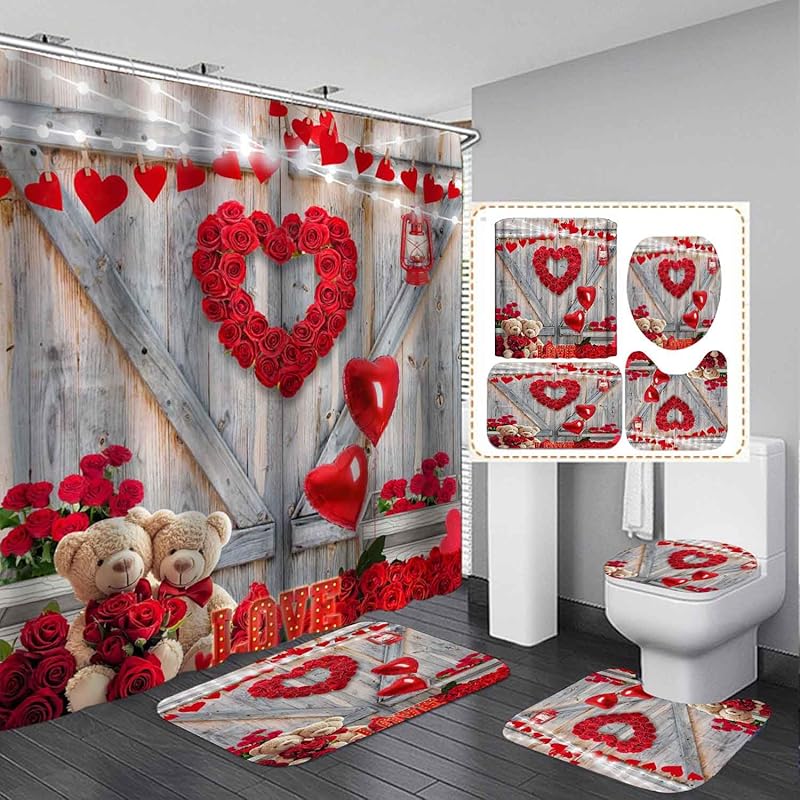 4PCS Western Shower Curtain Sets With Rugs, Country Barn Door Shower Curtain, Waterproof Fabric Brown Shower Curtain Cow Skull Cowboy Boots Hat