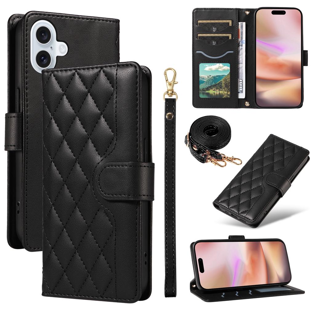 For iPhone 16 Plus Case Wallet Rhombus Leather Handbag Phone Cover with Shoulder Lanyard