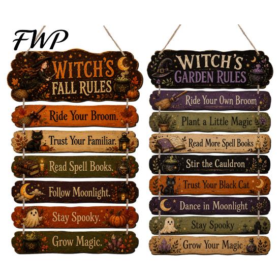 Hanging Wooden Plaque Witch's Fall Rules Sign, Vintage Halloween Wood Wall Rustic Front Door Decor Farmhouse Art for Outdoor Porch Yard, Home Ornament