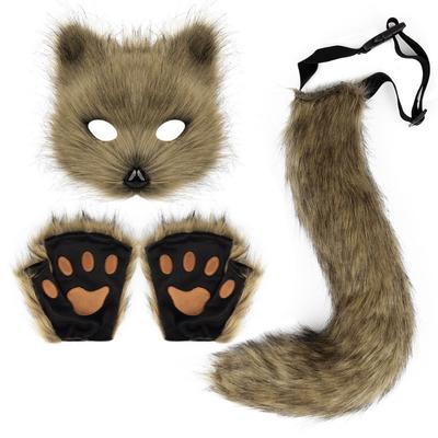 Halloween Set, Simulated Fox Mask Gloves, Plush Fox Tail, Handmade Beast Tail Cos Prop Accessories.