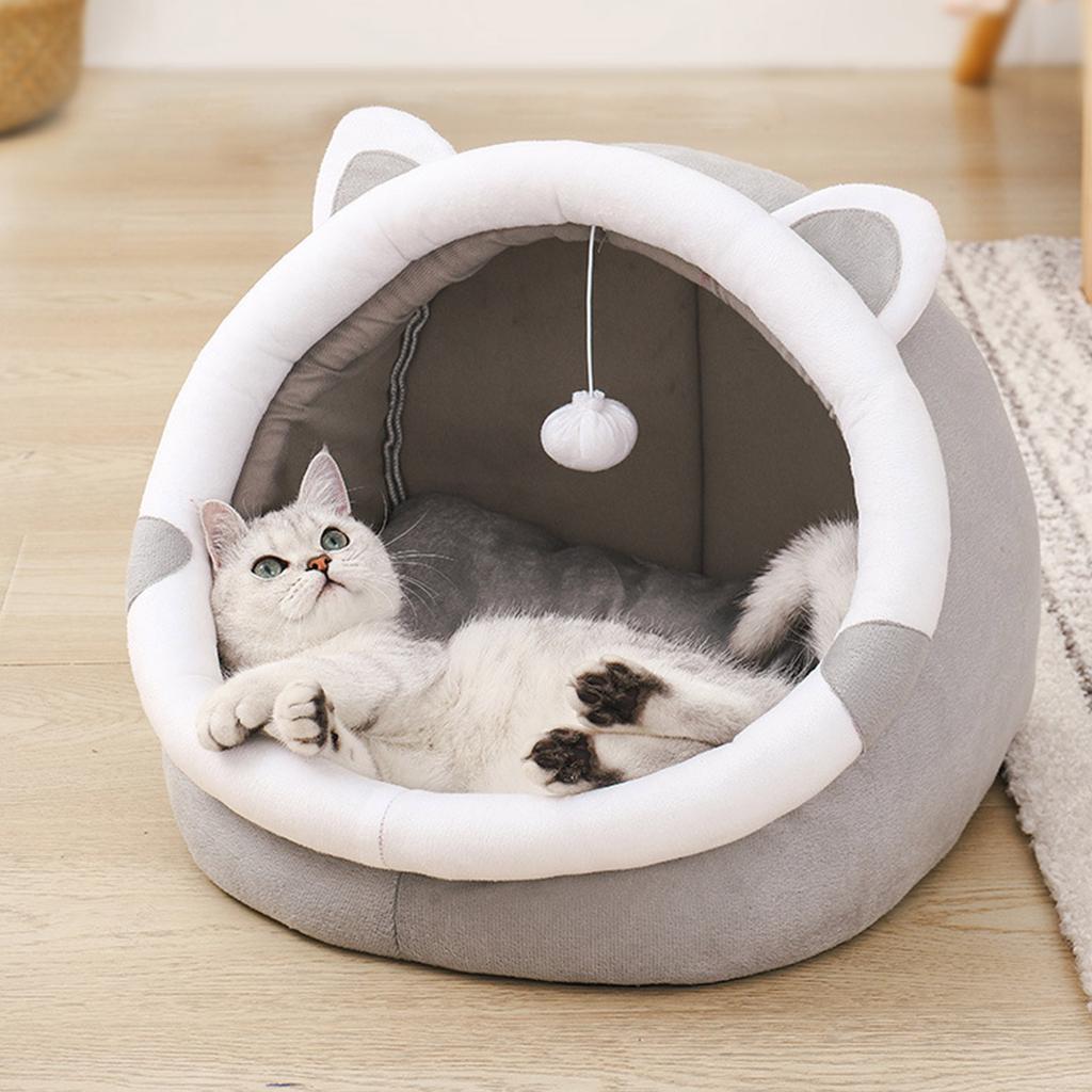 Cute Cat Bed with Teaser Ball Cat Nest Pet House Thicken Cushion Cat Sleeping Bed Antislip Kitten Warm Half Enclosed Bed