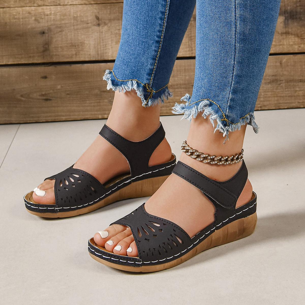 

Модные классические женские туфли Летние женские сандалии Модные сандалии на танкетке Ретро Однотонные Швы Большой размер Римские туфли 36 чёрный