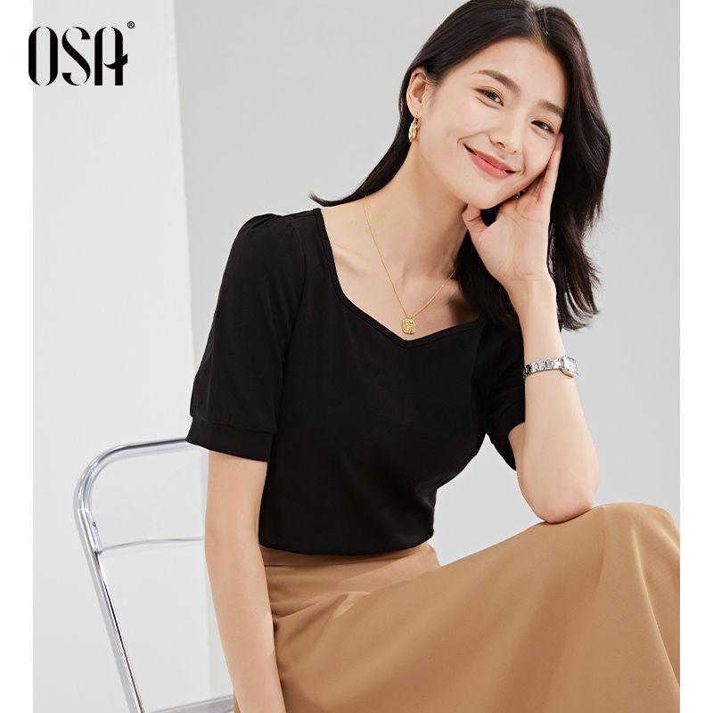 

[Полюбите это, как только наденете] OSA Черная футболка с коротким квадратным воротником и короткими рукавами Женская Летняя 2025 Новое поступление Топ с открытыми плечами и ключицами Black XS