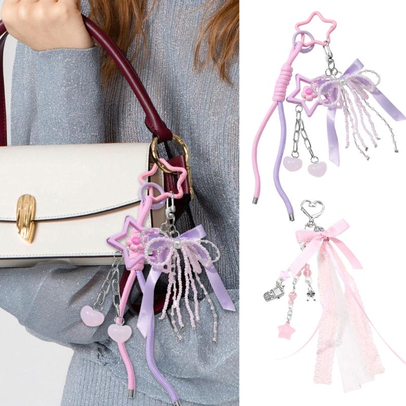 Cute Bag Charm Pendant Keyring Bowknot Heart Braided Rope Keychain Bag Charm for Backpack Purse Handbag Decoration