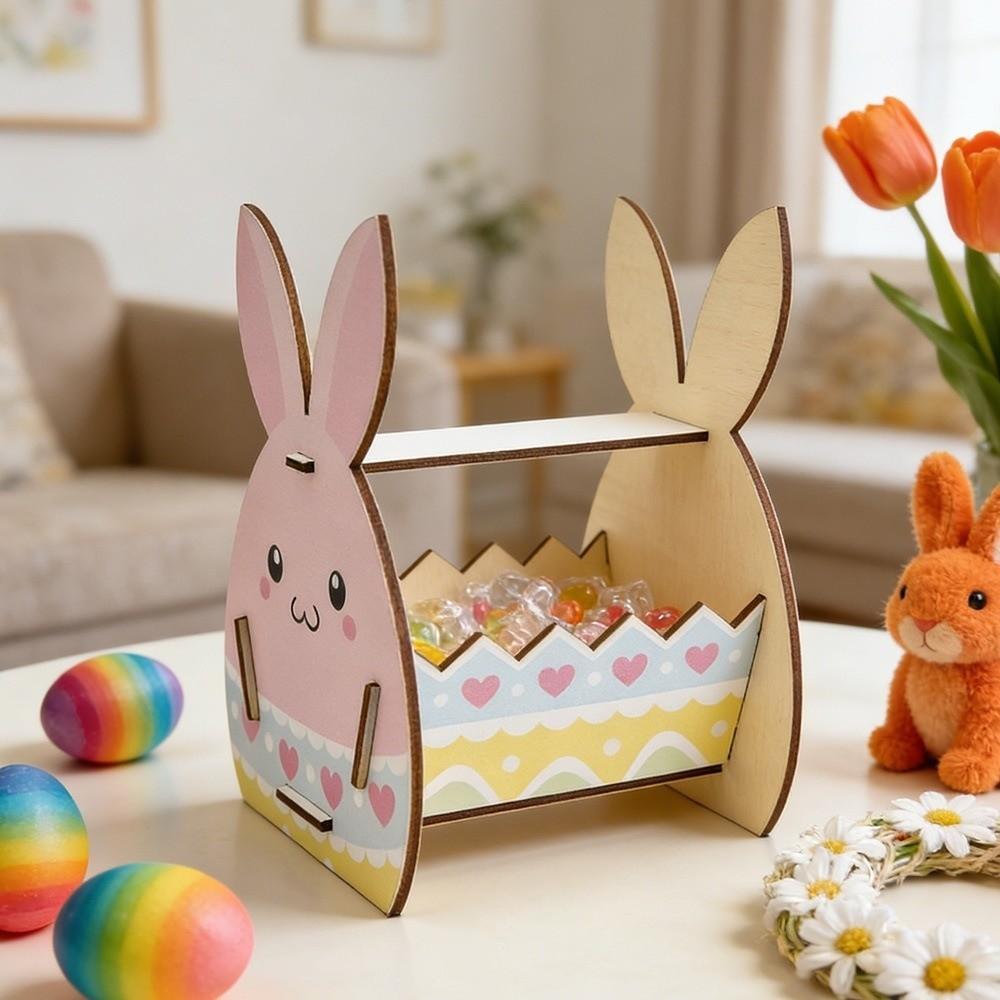 Wooden Easter Bunny Basket Semi-Open Frame DIY Paint Candy Storage Basket Handmade Crafts Happy Easter Bunny Decor Box
