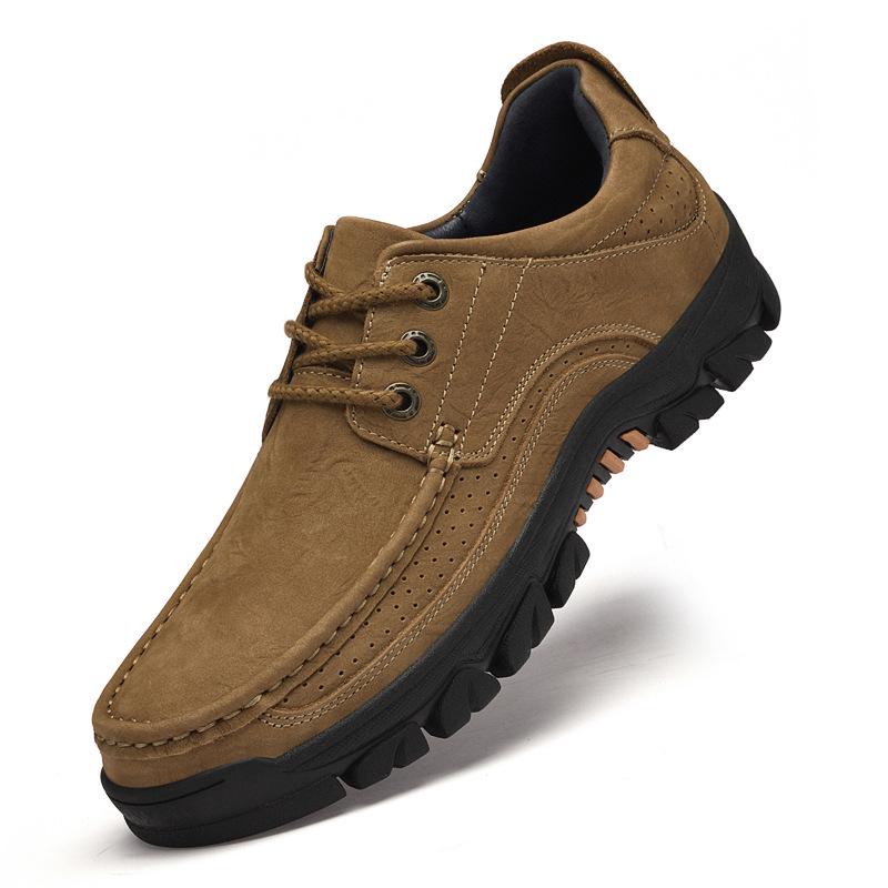 Men's Large Size Genuine Leather Outdoor Mountaineering Shoes - Breathable, Non-slip, Wear-resistant with Thick Sole.