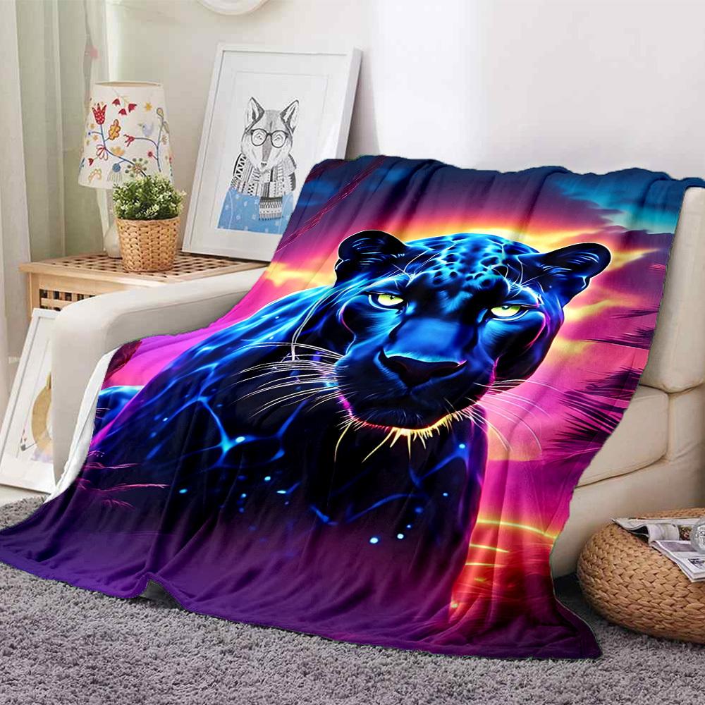 1pc Neon Panther Print Blanket Lightweight Flannel Blanket Throw Blanket For Sofa, Bed, Travel, Camping, Livingroom, Office Yy251015197