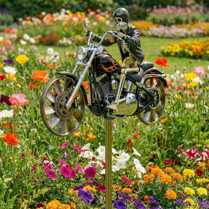 Garden Wind Spinner, Green Tractor Motocycle Fighter Jet Windmill Stake with Rotating Wheels for Patio Yard Garden,Unique Outdoor Sculptures Ornament