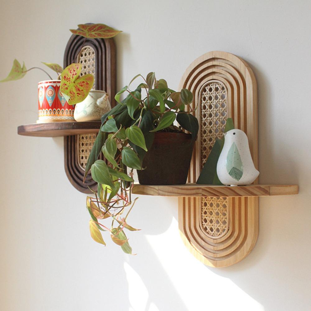 New Handmade Rattan Flower Shelf Boho Style Geometric Wall Mounted Shelves Decorative Floating Shelf Home Decor