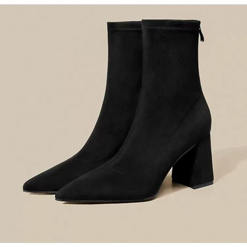 Strick-Stretch-Socken und Stiefel für Damen, niedrige Absätze, kurze Stiefeletten mit spitzer Zehenpartie, Größe 42