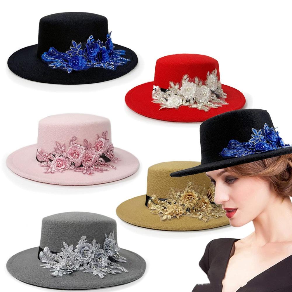 Winter Autumn Elegant Fedora Hat for Men Women Woolen Felt Hats with Embroidered Pearl Flower Wide Brimmed Top Jazz Hats