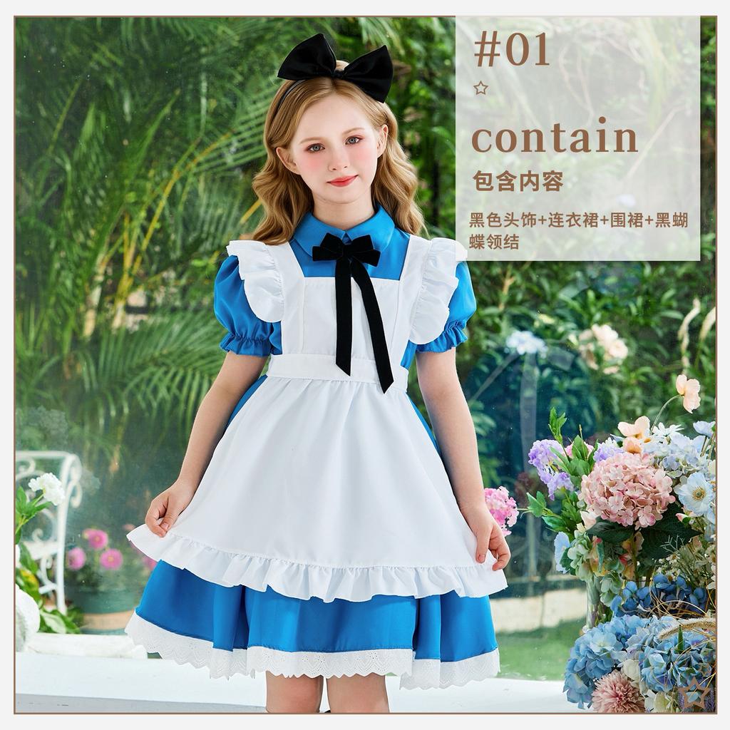 Alice In Wonderland Maid Costume for Girls, Blue Dress with Apron and Headwear