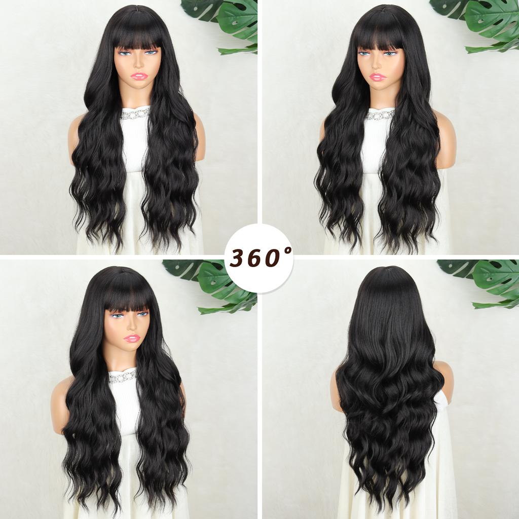 MISS WIG Synthetic Long Red Wigs With Bangs Natural Wavy Hairs Wig For Women Party Heat Resistant