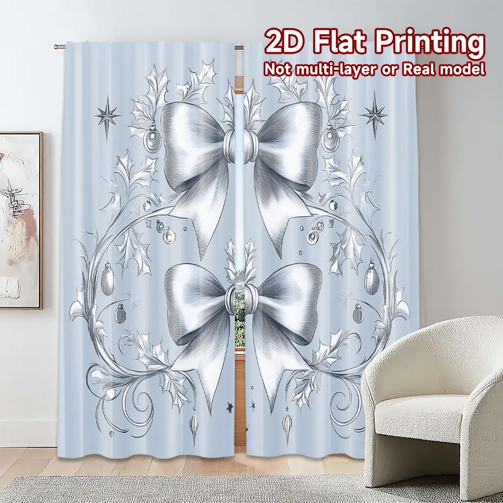 Set Of 2 Modern Curtains Christmas Bow Holly Ornaments Print Polyester Easy Install Decorations Outdoor Ldeal Curtain