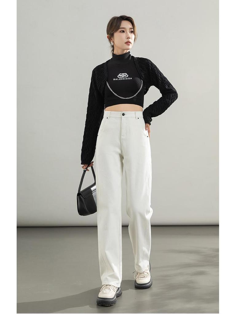 Women's Korean Style High Waist White Denim Pants - Loose Fit, Spring 2026, Creative Wash.