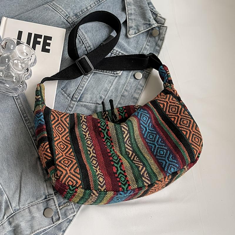 Tribal Style Shoulder Bag - Foldable, Crossbody, Zipper Closure, Striped Pattern, 1pc, Hand Washable