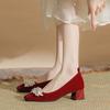 Spring New Coarse Heel Single Shoes Women's Fashion Round Head Shallow Mouth Suede Flower Thick Soled Wedding Shoes
