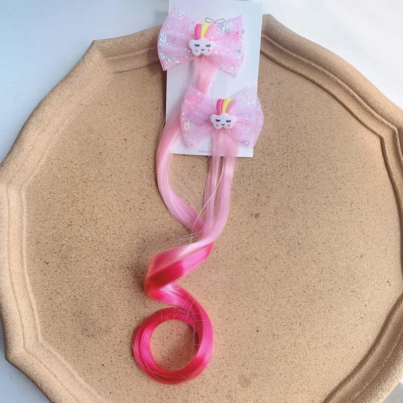 

2 шт., новый милый парик принцессы с радужным бантом и единорогом, заколки для волос для девочек, детские головные уборы, заколки для волос, аксессуары для волос розовый
