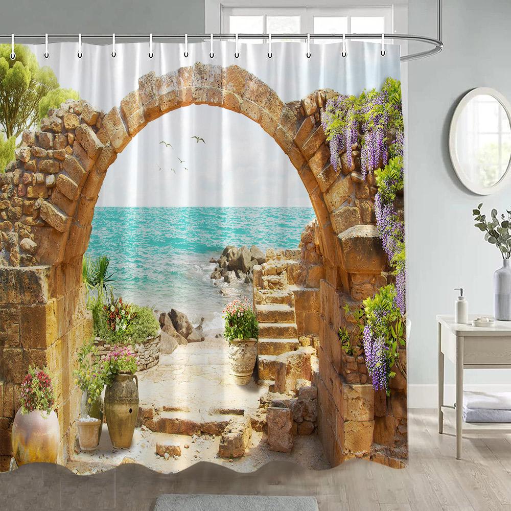Italian Street View Shower Curtain Vintage Town Arch Floral Plant European Style Scenery Home Bathroom Curtains Decor with Hooks