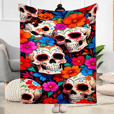 Skull and Floral Flannel Blanket - Soft and Comfortable, Suitable for Sofas, Beds, Offices, Travel, All Seasons, and A Great Holiday Gift.
