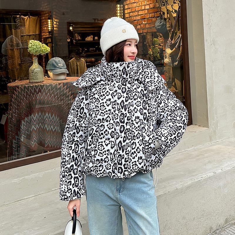Women's Short Leopard Print Hooded Winter Jacket