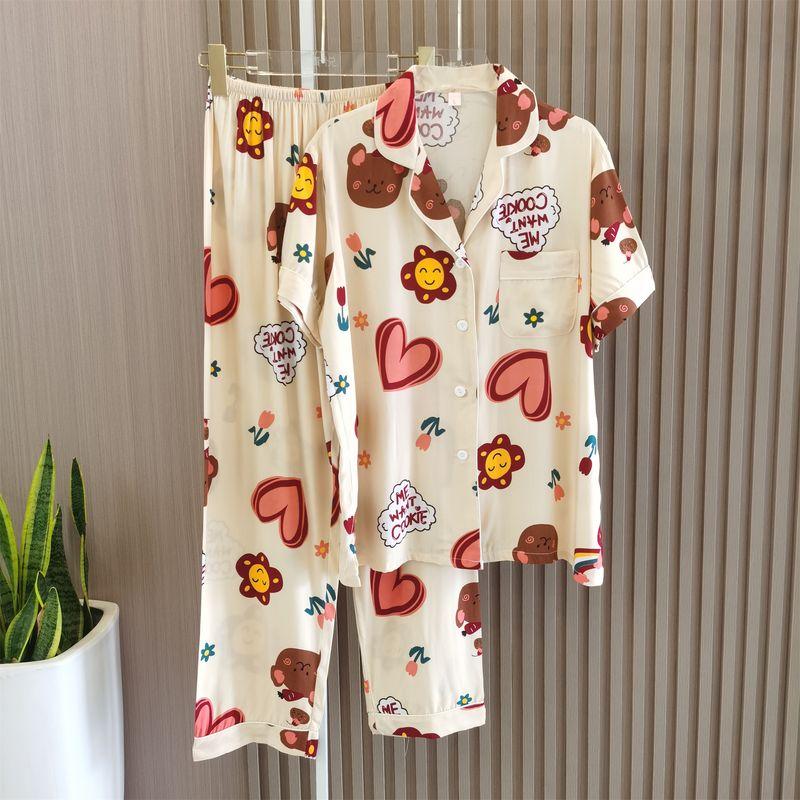 Summer Pajamas Women's Cotton Silk Short Sleeve Thin Suit K-style Homewear Cute Student Loose Plus Size Can Be Outwear