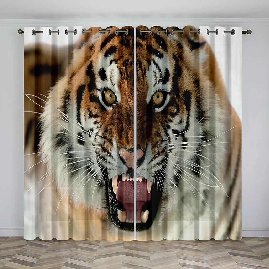 3D Digital Printing Curtain for Kitchen, White Tiger, Wild Animal Pattern, Short Window Curtains, Living Room, 2 Panels