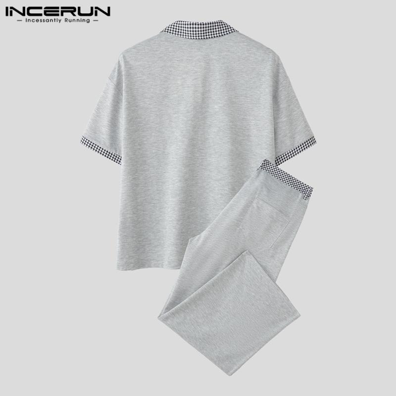 INCERUN Two Pieces Men Lapel Neck Short Sleeve Plaid T-Shirt Long Straight Pants Sets Outfits