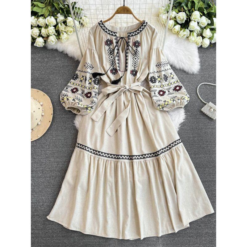Bohemia Ethnic Style Embroidered Lantern Sleeve Dress
