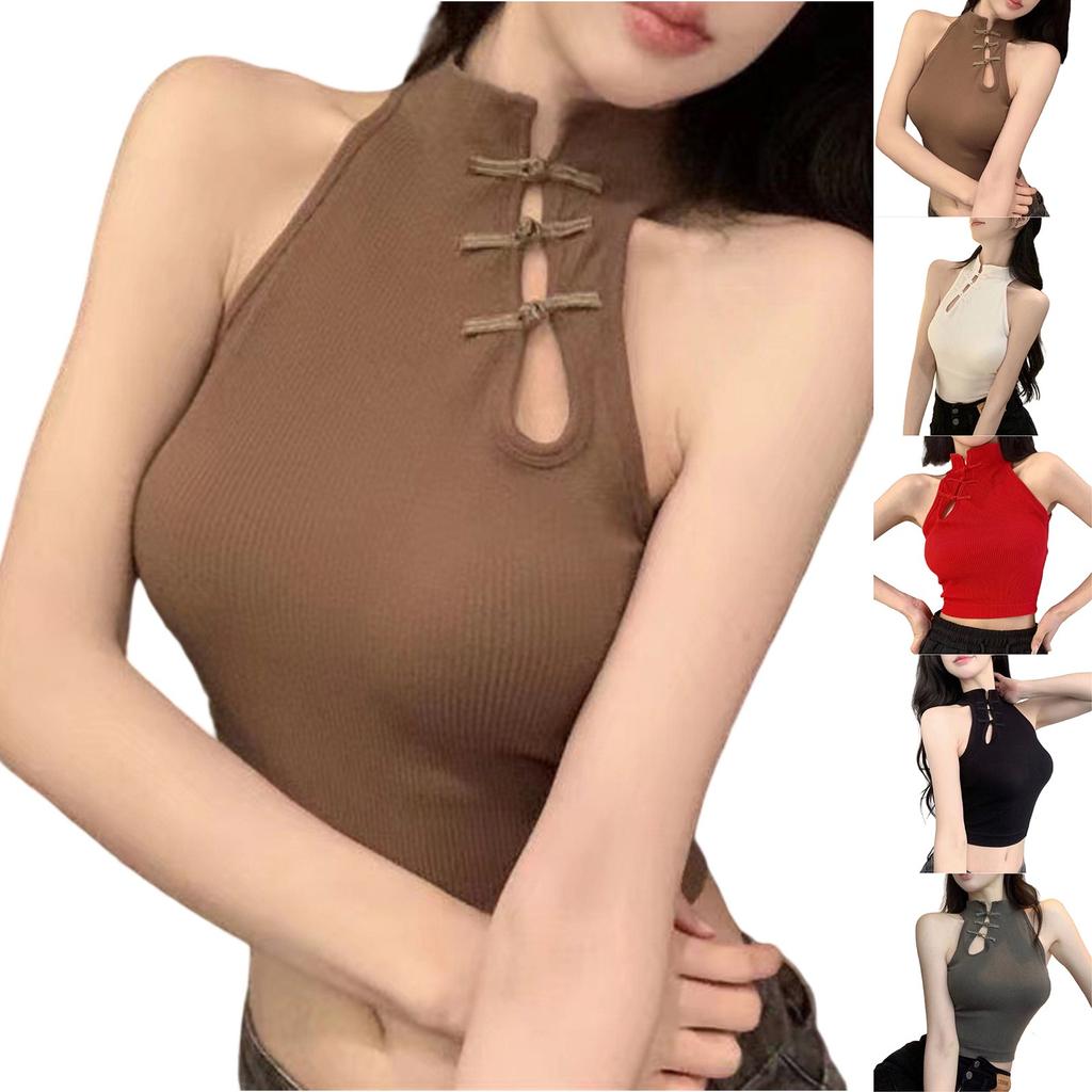 Ladies' Sexy Semi High Neck Slim Vest Strap Vest With Chest Cushion