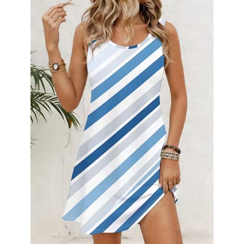 

Women s Colorful Stripes Printed Sleeveless Round Neck Dress Loose Soft and Comfortable Plus Size Dress XS