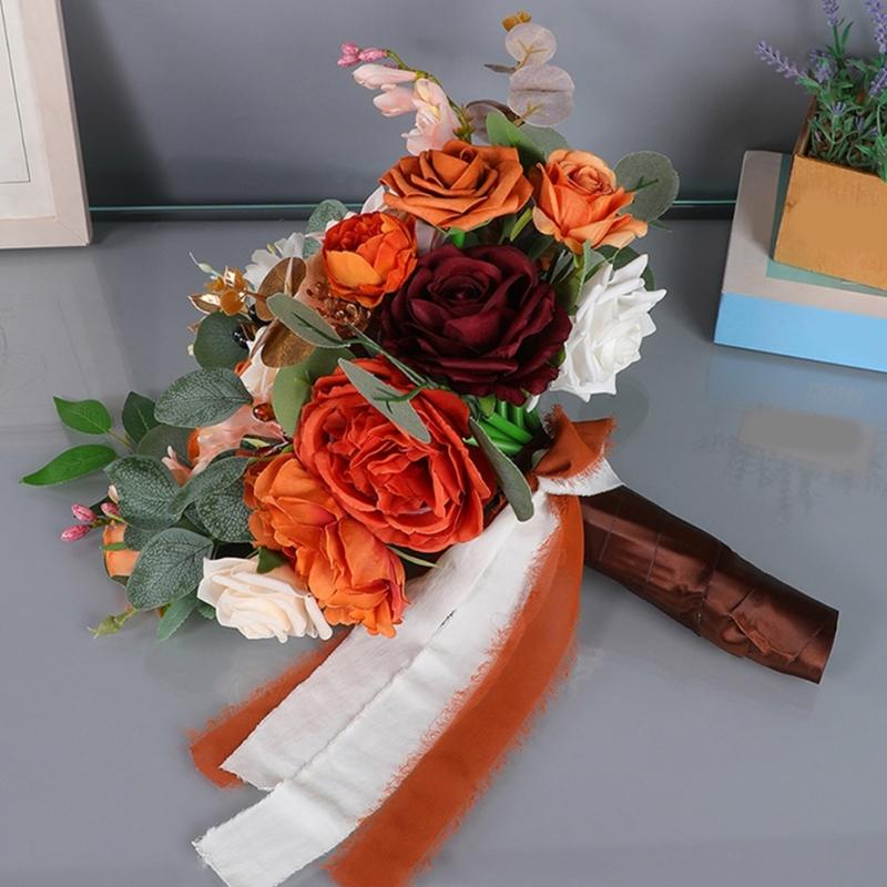 Realistic Caramel Bridal Bouquets Artificial Roses Fall Wedding Decoration Handmade Silk Flower For Home Elegant Party