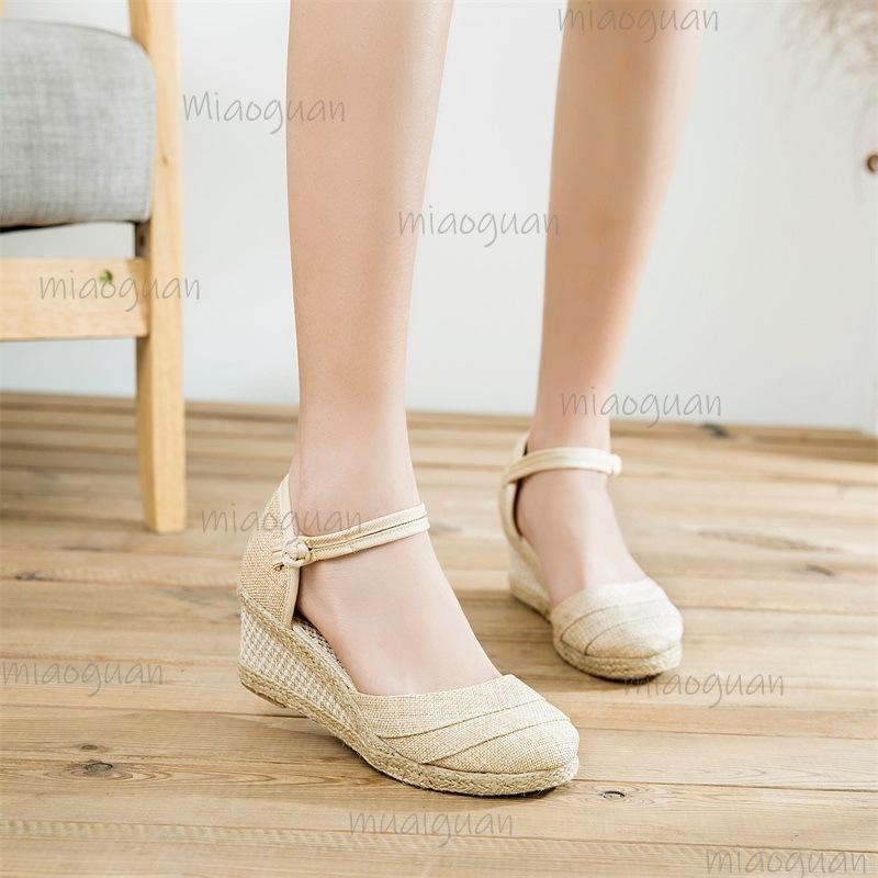 Linen Espadrille Women's Wedge Sandals Ankle Strap Breathable Lightweight Summer Footwear Female Roman Fashion Sandals Size 34