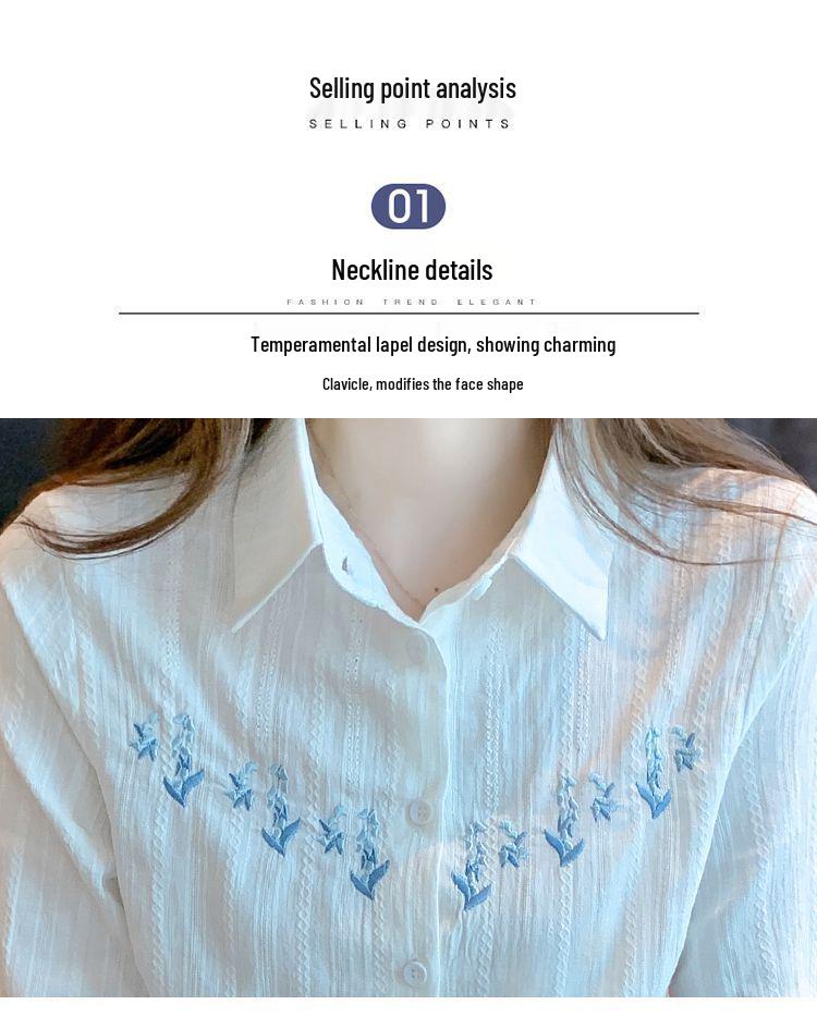 Cămașă de damă cu mâneci lungi, brodată, din bumbac pur - Primăvară & Toamnă 2024 Stil OL Casual Alb