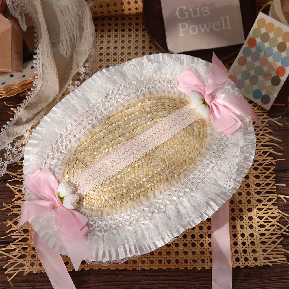 Lace Lolita Bonnet Flat Top Bow Ribbon Flower Cap Sweet Lolita Straw Hat Beach Vacation