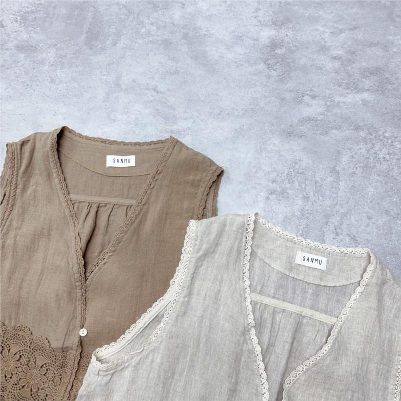 Johnature Japanese Heavy Industry Lace Clip Summer V-neck Loose Versatile Casual Tops