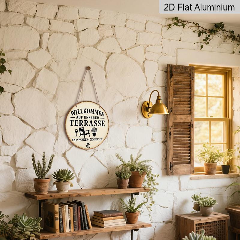 2D Flat, 1pc Aluminum Metal Sign, Welcome Patio German Quote Wall Decor for Porch or Terrace - Perfect Gift Idea In Retro Outdoor Style with Garden
