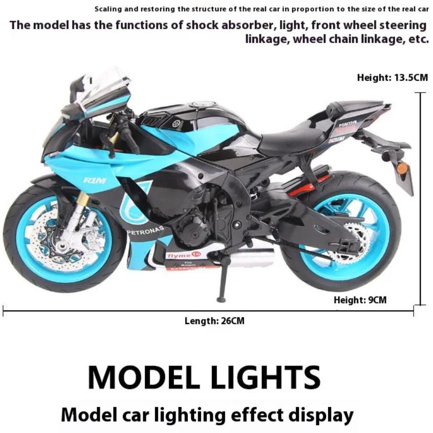 1/9 Scale Yamaha R1M Motorcycle Die Cast Model Car Alloy Metal Desktop Trendy Toy Decorations Sound & Light Birthday Gifts with Friend